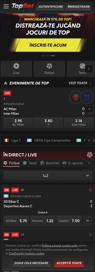 Versiunea mobilă TopBet cu pariuri live, evenimente sportive și acces la cazino