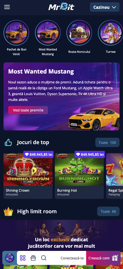 Homepage MrBit pe mobil Versiunea mobilă a paginii principale MrBit, cu promoția Most Wanted Mustang, Jocuri de top și High limit room
