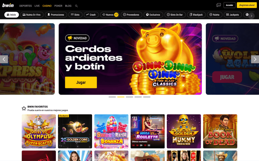 Captura de pantalla de la home de Bwin con apuestas deportivas y juegos de casino online