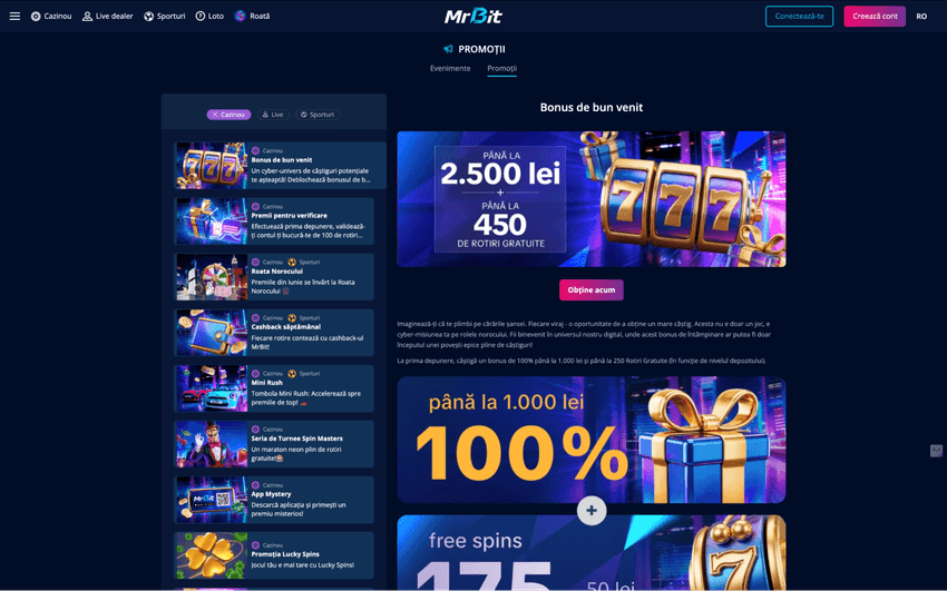 Pagina de bonusuri și promoții Mr Bit, cu oferta de bun venit de 100% și rotiri gratuite