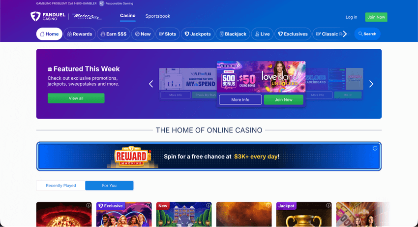 FanDuel Casino West Virginia homepage showing casino games, jackpots, promotions, and rewards.