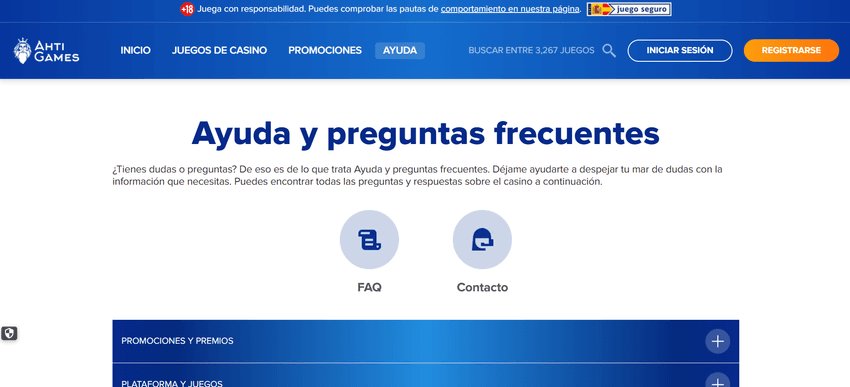 Centro de ayuda de AHTI Games con acceso a preguntas frecuentes y contacto