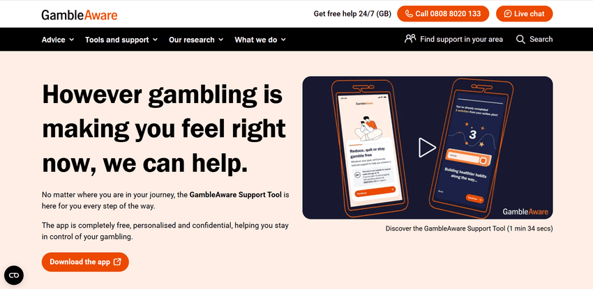 GambleAware Support Tool app interface