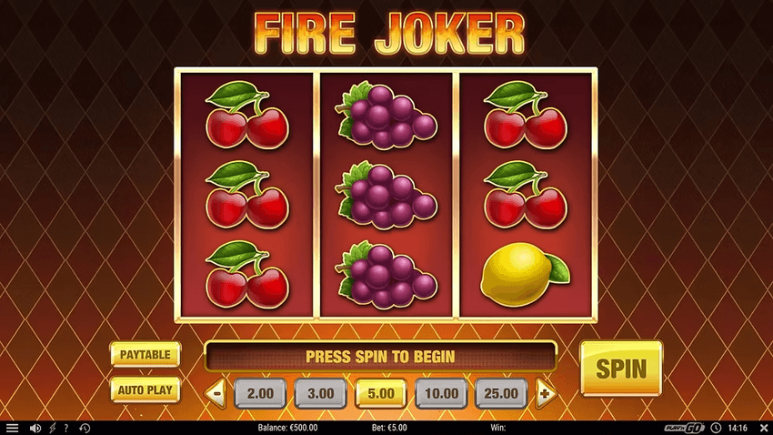 Fire Joker – στιγμιότυπο παιχνιδιού Στιγμιότυπο του Fire Joker με πλέγμα 3×3 και κλασικά σύμβολα φρούτων