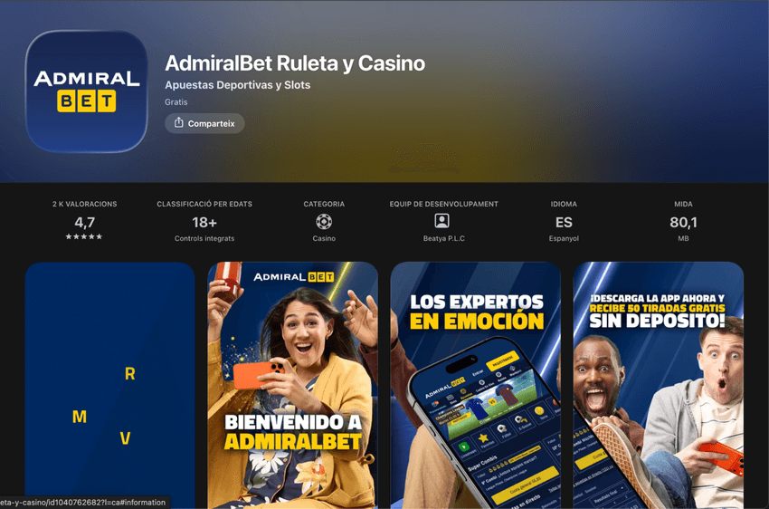 Ficha de la aplicación móvil de AdmiralBet en la tienda de aplicaciones