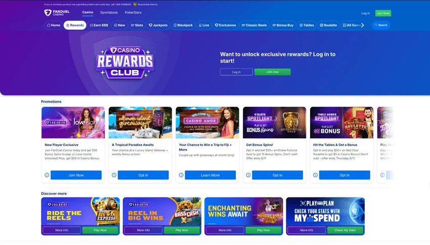 FanDuel Casino West Virginia promotions and rewards page featuring bonus offers and loyalty program details.