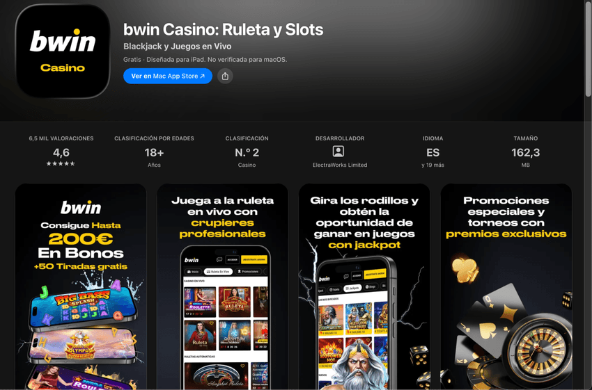 Página de la aplicación bwin Casino en la App Store con valoraciones y capturas de pantalla.