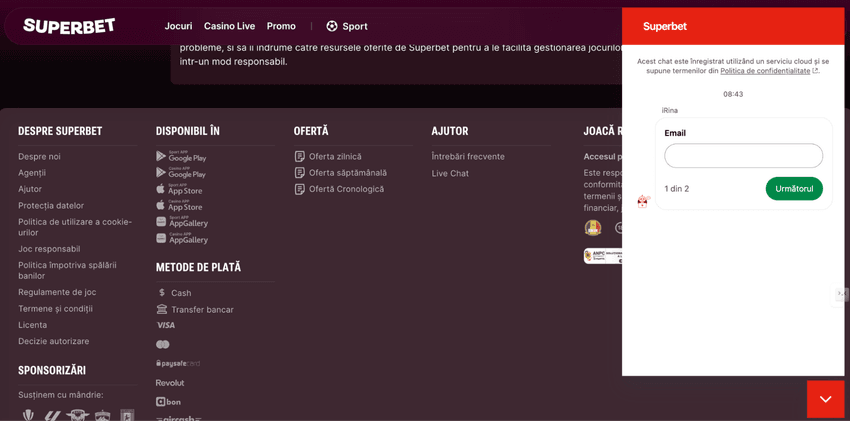 Live chat suport clienți Superbet