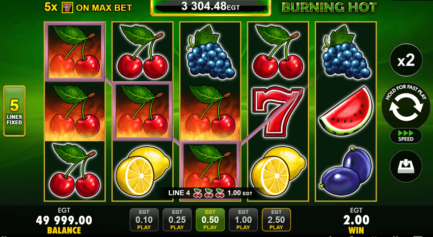 Interfața slotului Burning Hot cu 5 linii și simboluri clasice de fructe