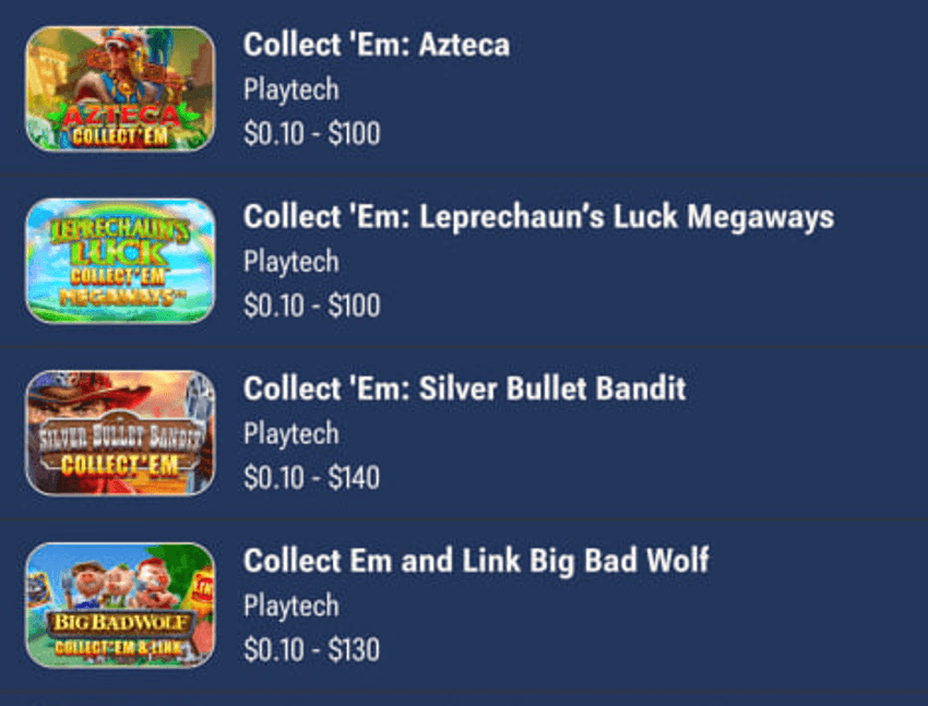 Playtech Collect 'Em slots at Horseshoe Online Casino, including Azteca, Leprechaun's Luck Megaways, Silver Bullet Bandit, and Big Bad Wolf