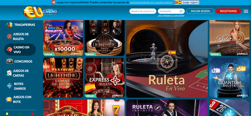 Ruleta y casino en vivo de EUcasino Casino en vivo de EUcasino con mesas de ruleta de Playtech y Evolution