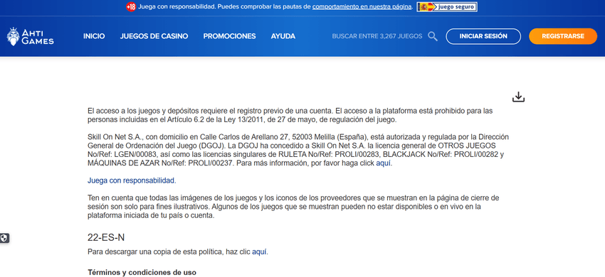 Página legal de AHTI Games con información sobre Skill On Net y licencias DGOJ