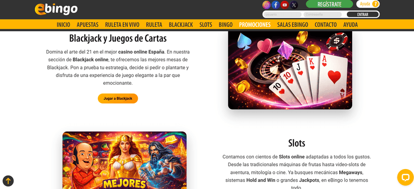 Blackjack y juegos de casino en eBingo Página de blackjack de eBingo con juegos de cartas y tragaperras destacadas.
