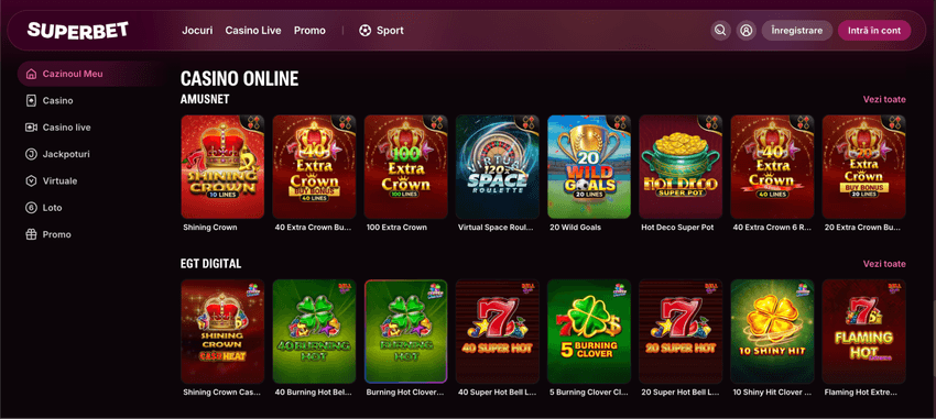 Jocuri Amusnet și EGT Digital la Superbet Categorii de jocuri Amusnet și EGT Digital la Superbet, cu titluri precum Shining Crown, Burning Hot și Super Hot.