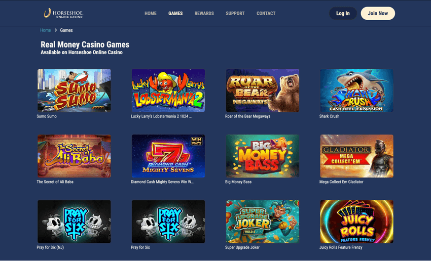 Horseshoe Online Casino West Virginia game library featuring slots, table games, and live dealer titles.