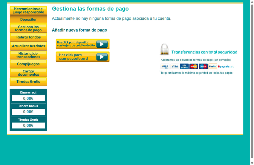 Sección de gestión de pagos en tombola para añadir métodos de depósito