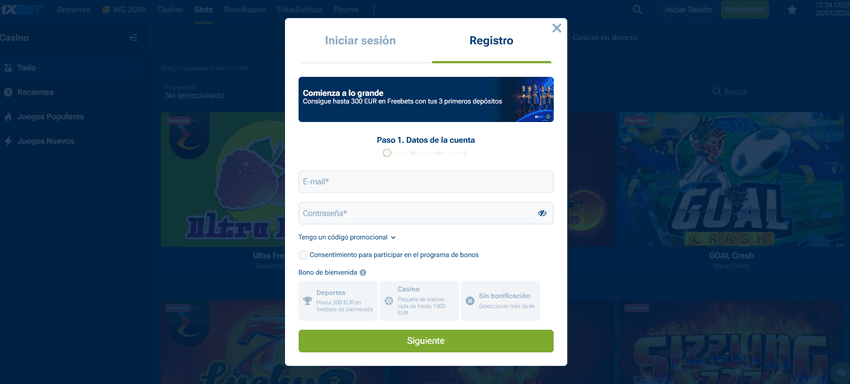 Formulario de registro de 1xBet con datos de la cuenta y selección del bono de bienvenida.