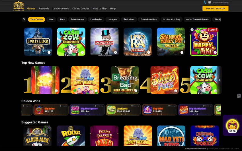 Golden Nugget Casino homepage with new games, jackpots, and suggested titles