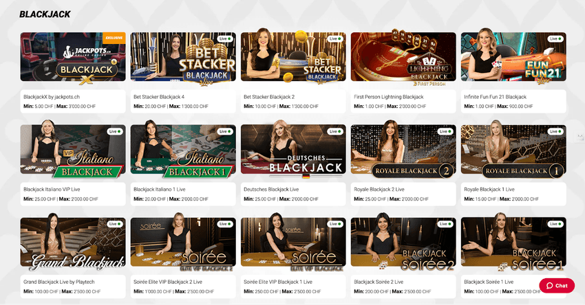 Screenshot der Tischspiele bei Jackpots.ch Jackpots.ch Casino-Tischspiele