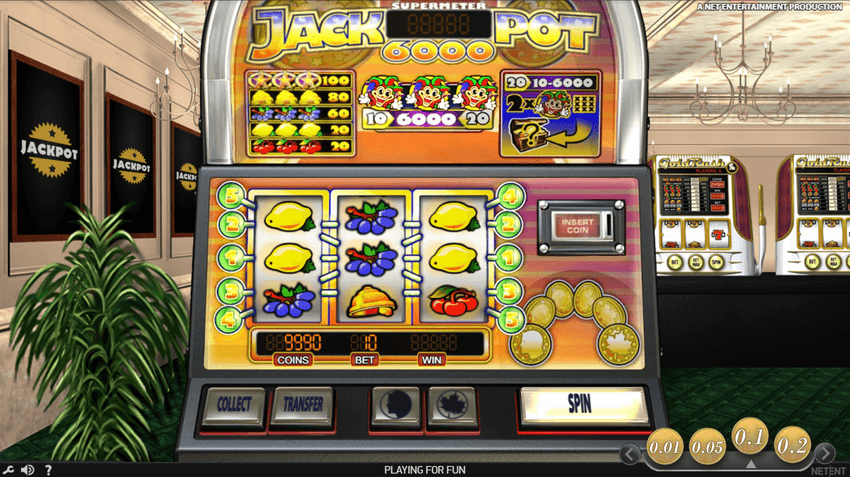 Jackpot 6000 – Interfață slot retro Interfața completă a slotului Jackpot 6000 de la NetEnt cu 3 role, 5 linii de plată și modul Supermeter.