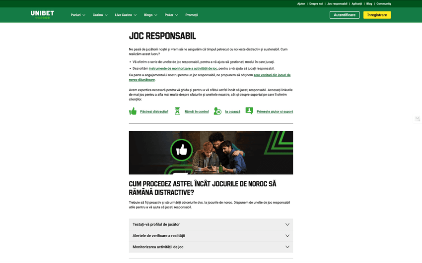Secțiunea joc responsabil Unibet cu instrumente de control al jocului