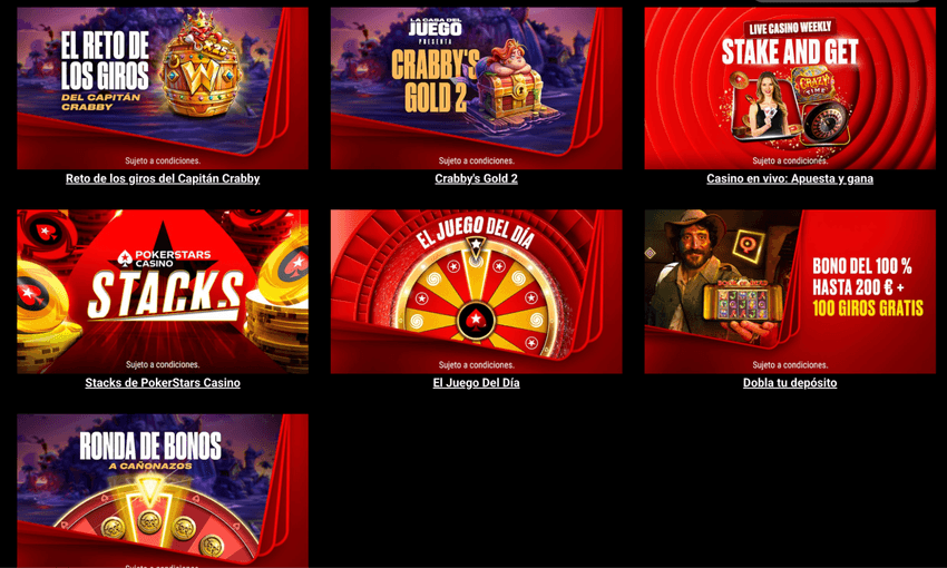 Promociones exclusivas de PokerStars Casino, incluidos retos de giros, recompensas y bonos diarios.