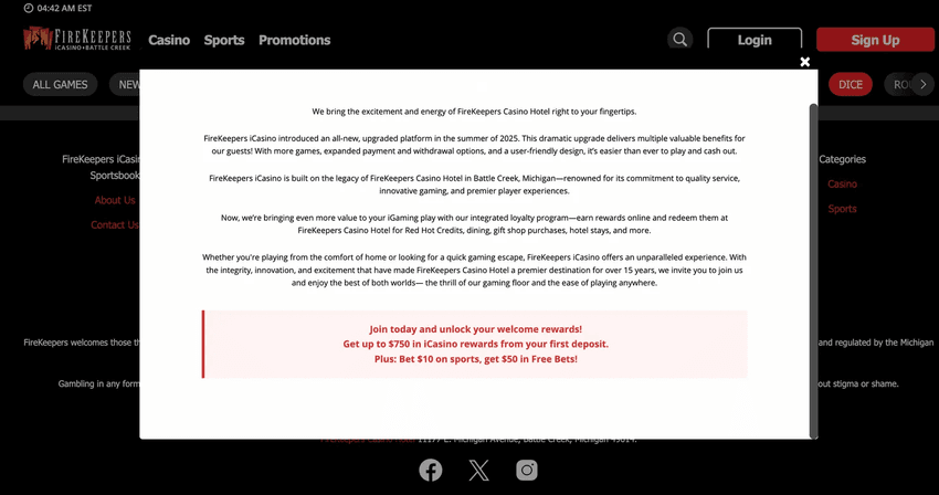 FireKeepers Casino Platform Information FireKeepers Casino information page describing platform features, loyalty rewards, and online gaming services.