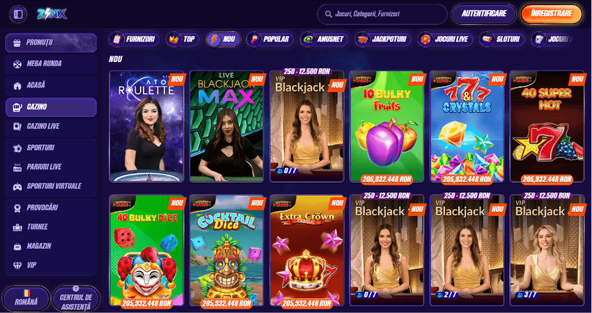 Interfața Zinx Casino cu jocuri live, sloturi și jackpoturi disponibile