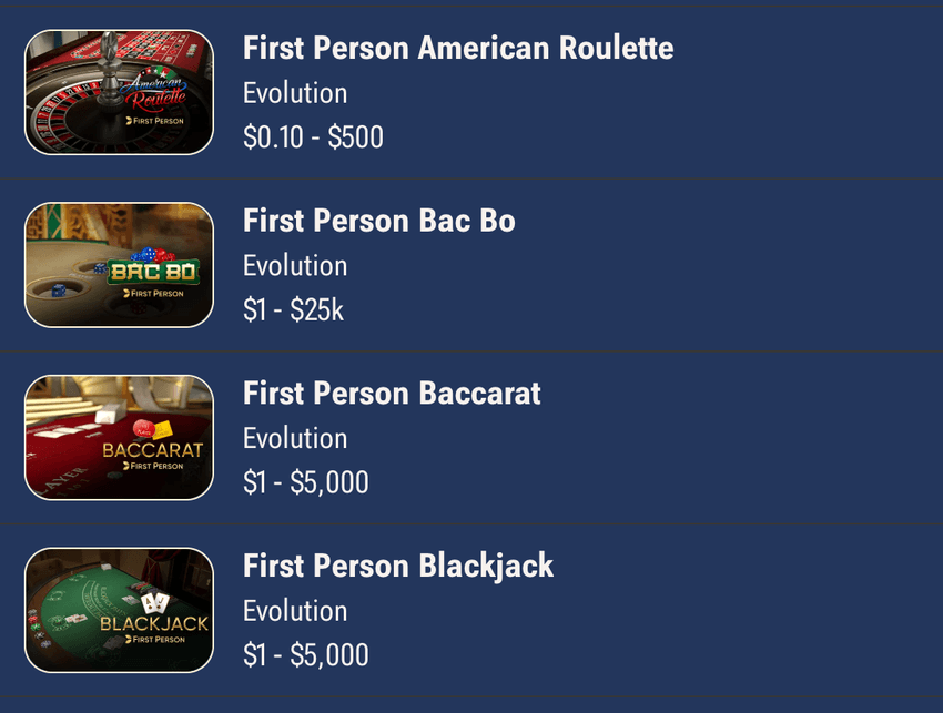 Evolution First Person Games at Horseshoe Casino Horseshoe Online Casino Evolution First Person games including roulette, Bac Bo, baccarat and blackjack