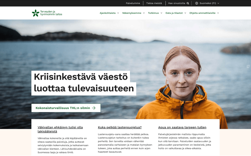 Terveyden ja hyvinvoinnin laitoksen verkkosivuston etusivu