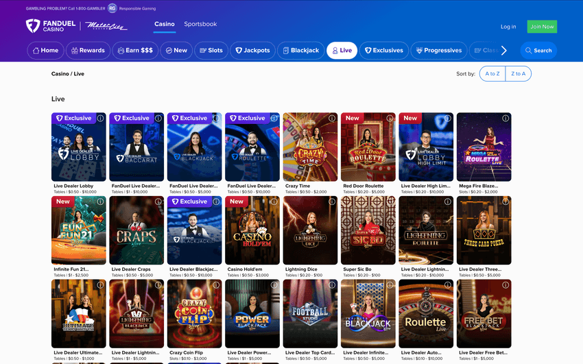 FanDuel MI live dealer games screenshot Screenshot of FanDuel Casino Michigan live dealer games section