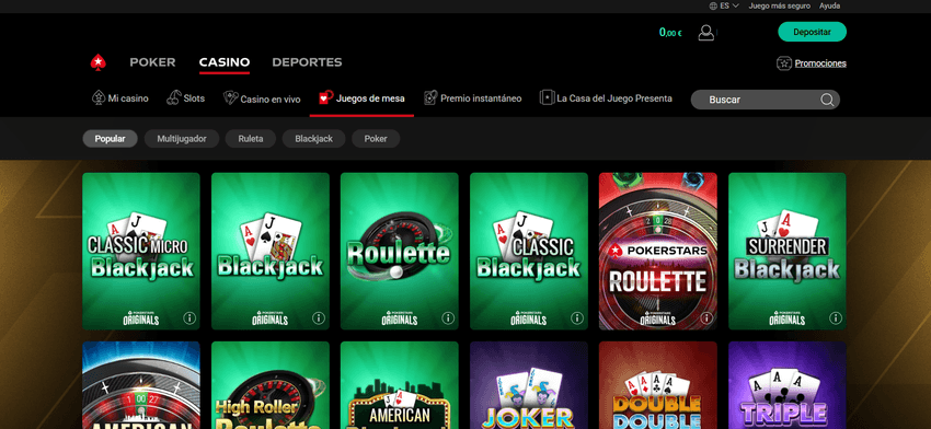 Catálogo de juegos de mesa en PokerStars con blackjack y ruleta.