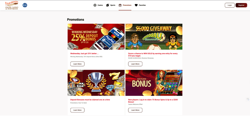 Four Winds Casino Promotions and Bonuses Four Winds Casino promotions page highlighting welcome offers, bonus rewards, and special player incentives.