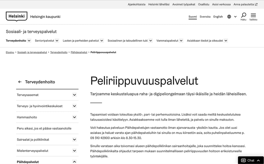 Peliklinikan verkkosivuston etusivu