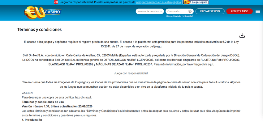 Términos y condiciones de EUcasino Página de términos y condiciones de EUcasino España versión 1.31