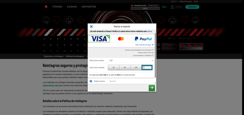 Depósito con Visa en PokerStars España Captura del proceso de depósito en PokerStars España mostrando el acceso a la sección “Depositar”, la selección del método de pago Visa y el campo para introducir un importe mínimo de 5 €.