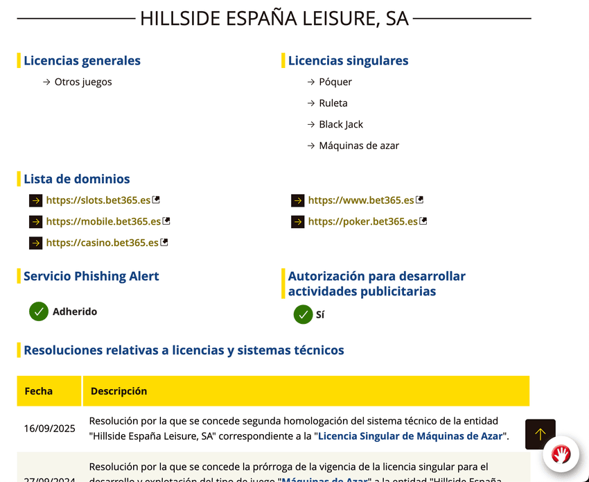 Licencias de juego y dominios autorizados de Bet365 registrados ante la DGOJ.