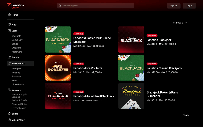Fanatics Casino Table Games Lobby Fanatics Casino table games section featuring blackjack, roulette, baccarat, and poker