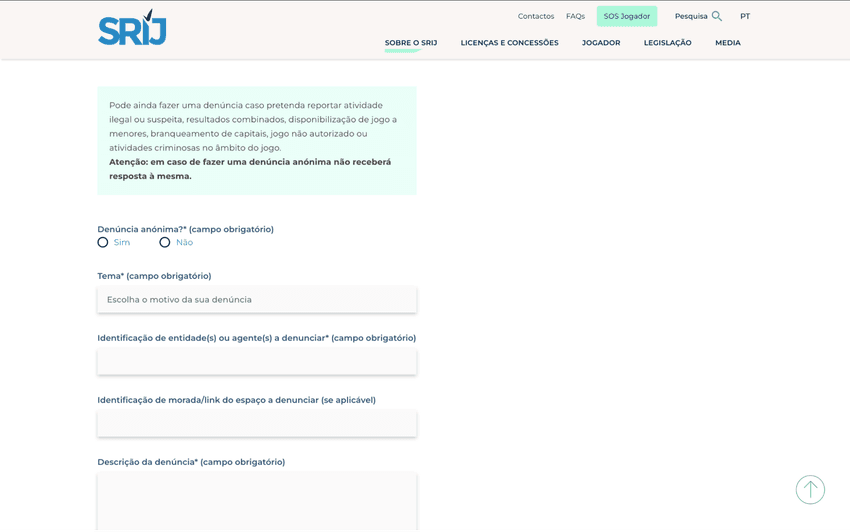 SRIJ – Denúncia de jogo ilegal SRIJ formulário de denúncia anónima