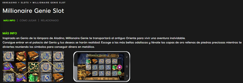 Millionaire Genie slot con jackpot progresivo en 888Casino