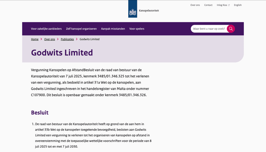 Kansspelautoriteit pagina over vergunning voor Godwits Limited Screenshot van de Kansspelautoriteit website met vergunninginformatie voor Godwits Limited