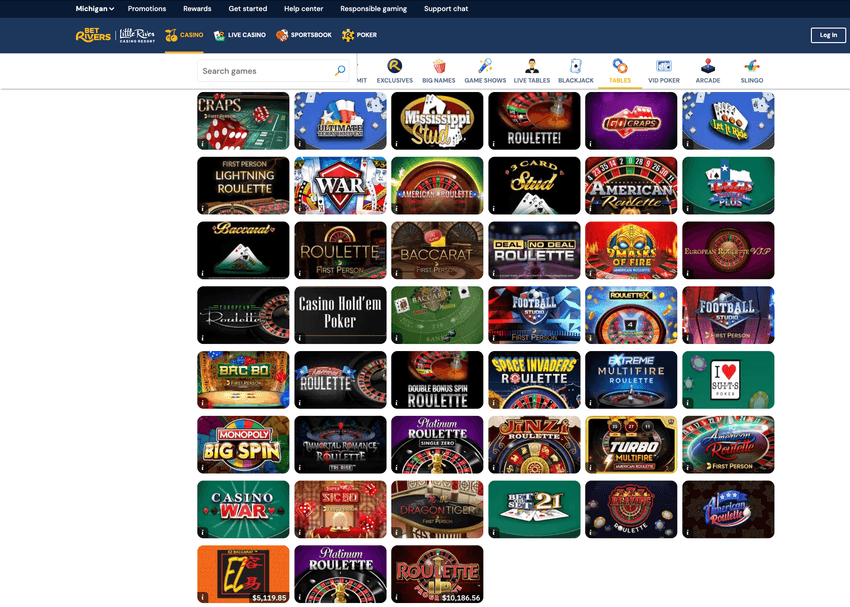 Screenshot of BetRivers Michigan table games section