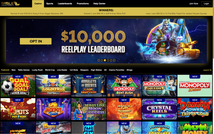 Eagle Casino Michigan Games Library Eagle Casino Michigan game lobby featuring online slots, table games, jackpot titles, and specialty casino content.