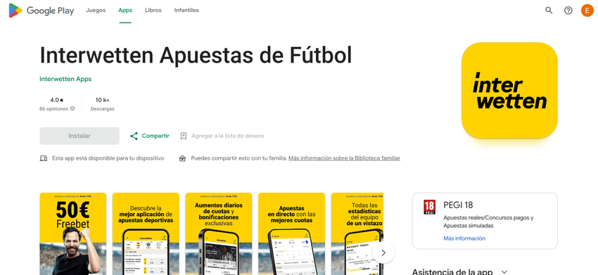Aplicación Interwetten Apuestas de Fútbol disponible en Google Play para Android