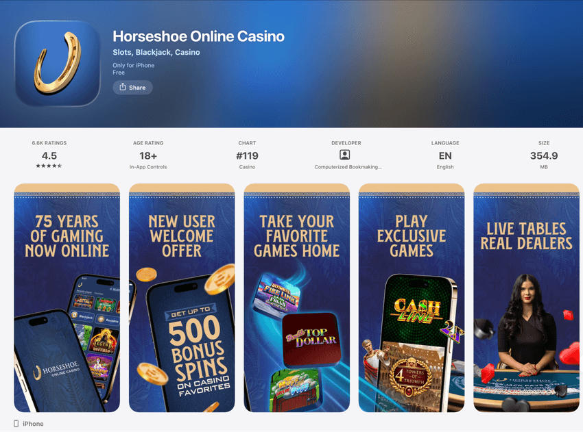 Horseshoe Online Casino West Virginia app listing on the Apple App Store showing app details and ratings.