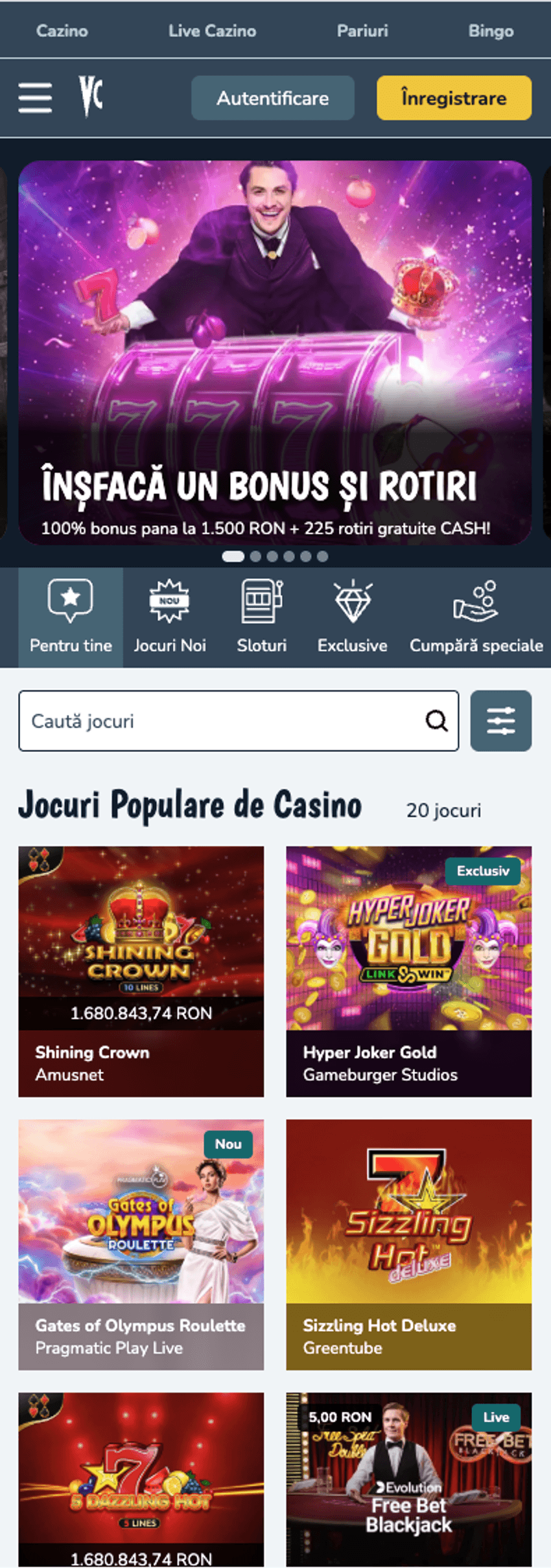 Versiunea mobilă Vlad Cazino cu bonusul de bun venit, jocuri populare, căutare și categorii de cazinou.