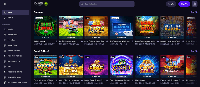 Hollywood Online Casino West Virginia slots section featuring a variety of online slot games and categories.