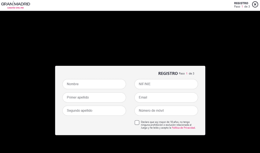 Registro en Gran Madrid Casino Online Formulario de registro Gran Madrid Casino Online - paso 1