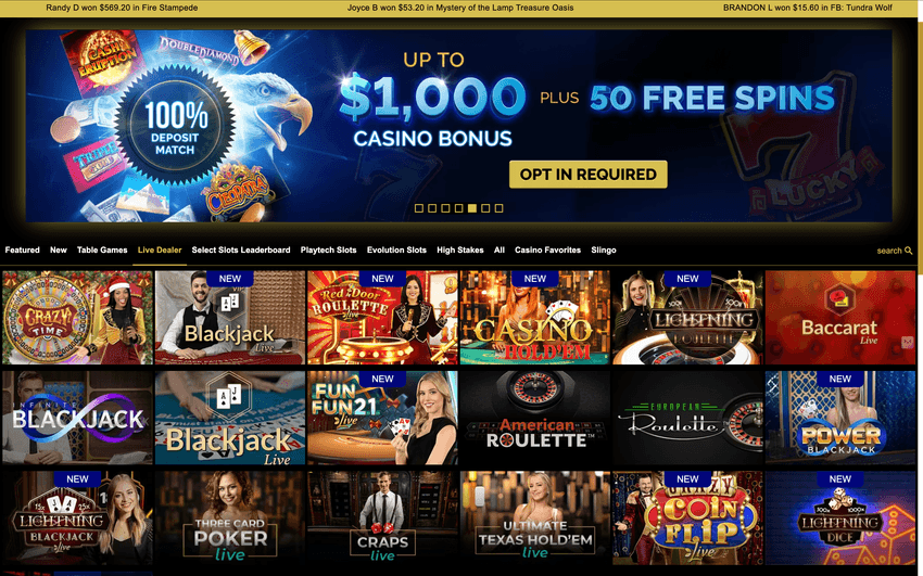 Screenshot of Eagle Casino & Sports Michigan live dealer games section