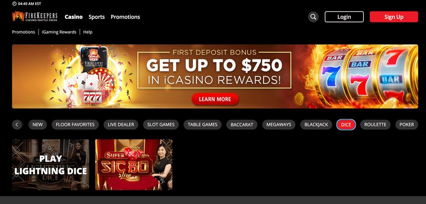 Screenshot of FireKeepers dice games section